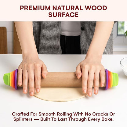 Kitchtic Rolling Pin with Thickness Rings - Adjustable Wooden Rolling Pin - Baking Essential and Roller Tool - Consistent Thickness - Easy to Clean - Beechwood Material - 13.7 x 2.75 x 2.75 inches - Image 3