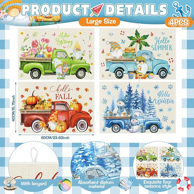 Teenyyou 4 Pcs Seasonal Dish Drying Mats for Kitchen 24"x 16" Winter Holiday Microfiber Absorbent Washable Drainer Mat for Counter Spring Summer Fall Home Accessories Decoration(Truck) - Image 3