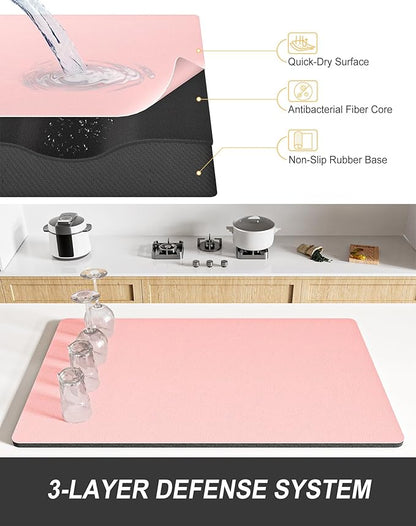 Rnivvi Dish Drying Mat for Kitchen Counter, 12 x 19" Super Absorbent Drainer Pad Easy Clean Dish Rack Pad, Non-Slip Heat Resistant Coffee Bar Mats for Coffee Machine Station Accessories Decor, Pink - Image 4