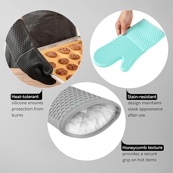 Comfy Grip 14 x 7.3 Inch Thick Baking Mitts, 1 Food-Grade Cooking Glove Set - 2-Piece Set, Heat-Resistant, Turquoise Silicone Oven Mitts, Honeycomb Texture, With Soft Cotton Lining - Restaurantware