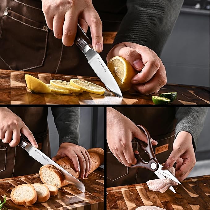 Knife Set, Emojoy 16-Piece Kitchen Knife Set with Block, Knife Block Set with Kitchen Shears and Sharpener, High Carbon German Steel(Natural Wenge)