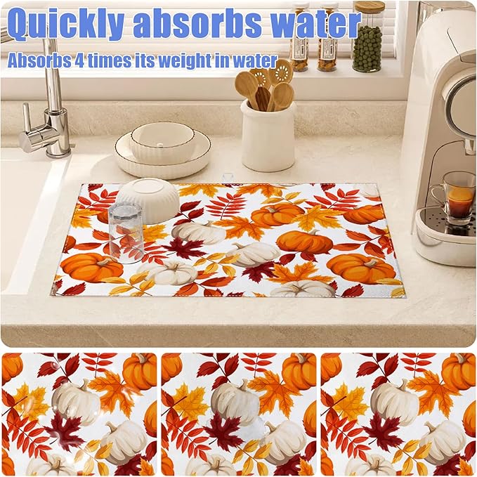 Fall Pumpkin Maple Dish Drying Mat for Kitchen Counter Thanksgiving Drying Pad Absorbent Reversible Dish Drainer Rack Mats Draining Pad 18"x24"Inch