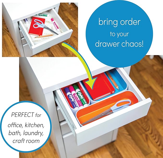 Three by Three Seattle 5 Piece Metal Organizer Tray Set for Storing Makeup, Stationery, Utensils, and More in Office Desk, Kitchen and Bathroom Drawers (2 Inch, Assorted Colors, Stripes) - Image 4
