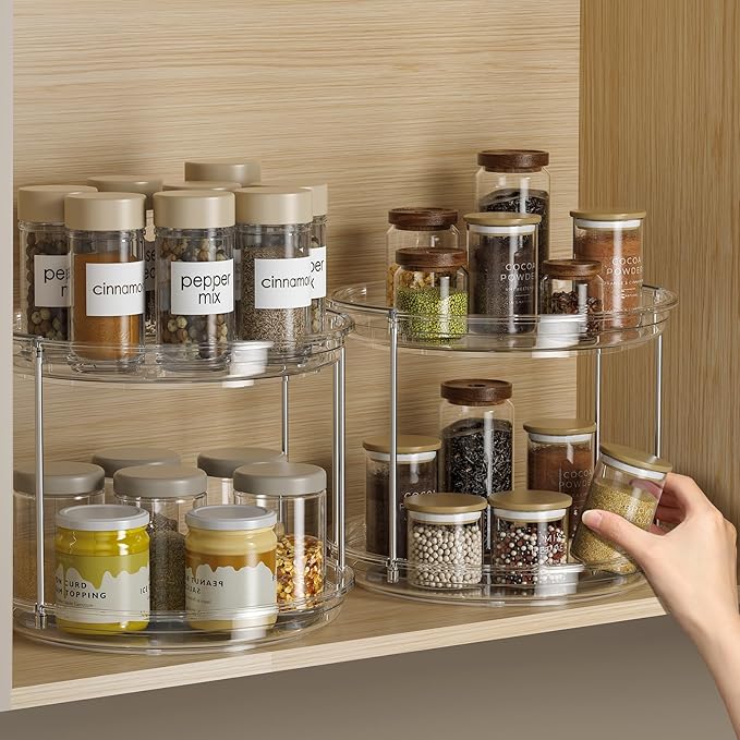 LAMU 2 Pack 2 Tier Lazy Susan Turntable Organizer 9.25'' Rotating Spice Rack Organization for Cabinet, Kitchen, Pantry, Countertop, Bathroom, Vanity, Medicine Cabinet Organizer, Clear - Image 9