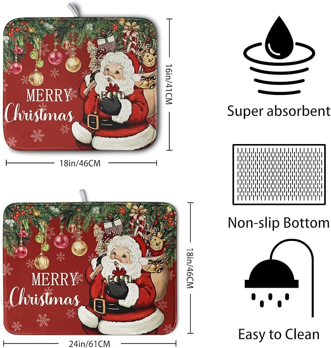 Merry Christmas Dish Drying Mat Santa Claus Kitchen Drainer Mats Microfiber Absorbent Winter Xmas Holiday Dishes Pad Reusable Dish Rack Mat for Countertop Tableware Decor 18x24 Inch - Image 2