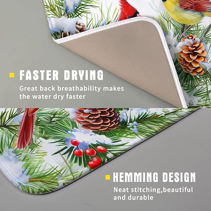 Giwawa Red Birds Dish Drying Mat, Xmas Tree Branch Holly Red Berries Dish Drainer Mats, Winter Snow Pine Cones Reversible Dish Drying Rack Pad Protector for Kitchen Countertop Decor, 16"x18"