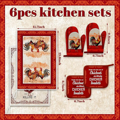 Leinuosen 6 Christmas Red Rooster Farmhouse Kitchen Decor Dish Towels Oven Mitts and Pot Holders Sets Chicken Kitchen Towels Absorbent Decorative Accessories for Cooking Baking Grilling