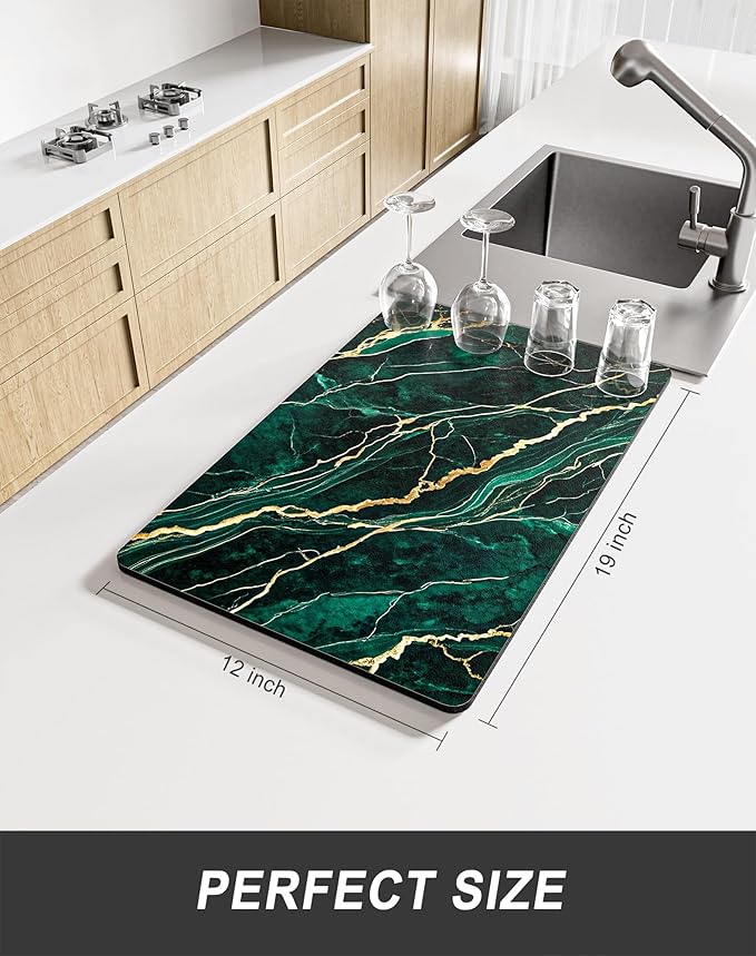 Rnivvi Dish Drying Mat for Kitchen Counter, 12 x 19" Cute Marble Super Absorbent Draining Pad, Non-Slip Heat Resistant Coffee Bar Mats for Coffee Machine Station Accessories, Green Gold Dish Rack Pad - Image 2