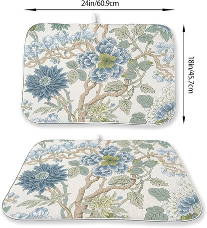 Chinoiserie Dish Drying Mat 18x24 Inch Vintage Sage Green Blue Floral Drying Mat Boho Spring Summer Seasonal Absorbent Dish Drying Pad Dish Rack Drainer Mats for Kitchen Dining Counter
