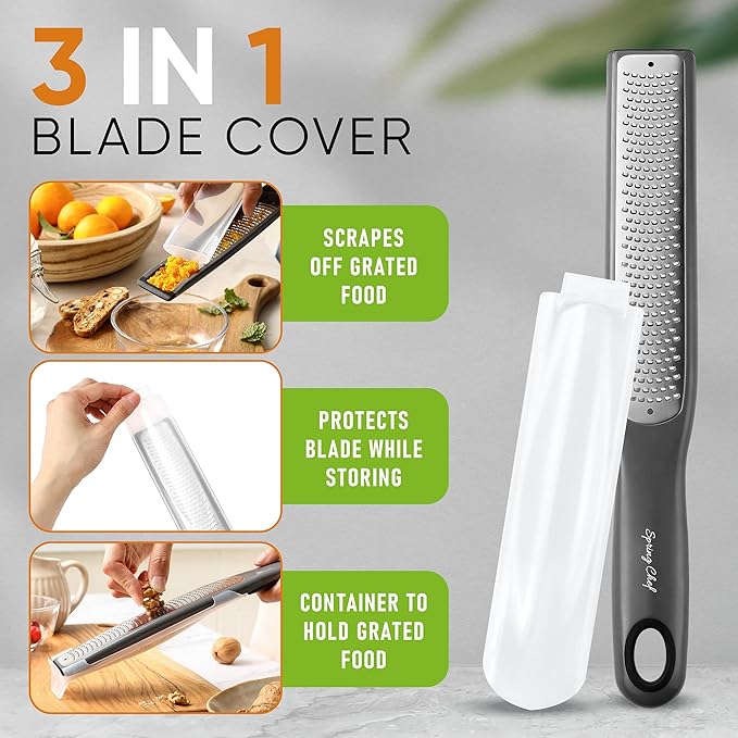 Spring Chef Premium Gray Lemon Zester Grater with Handle - Lime, Garlic, Ginger, Orange, Nutmeg, Fruit Grater - Heavy Duty Kitchen Tool - Stainless Steel Citrus Zester with Blade Cover - Fine Shred - Image 4