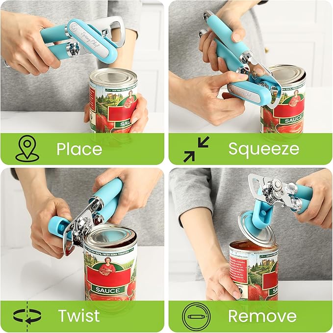 Spring Chef Stainless Steel Can Opener - Manual with Soft Grip Handles, Easy Turn, Heavy Duty Hand Can Openers for Seniors with Smooth Edge - Magnetic Lid Remover - Aqua Sky - Image 8