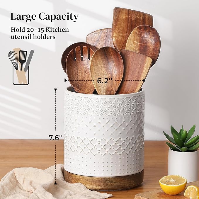 DOWAN 360° Rotating Extra Large Cooking Utensil Holder, 7.6" Kitchen Utensil Holder for Countertop, Utensil Crock for Farmhouse Kitchen Decor, Ceramic Stable Utensil Caddy, White Embossed - Image 6