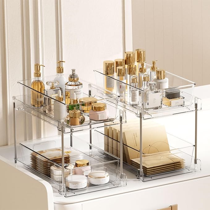 Vtopmart 8 Pack Bathroom Organizer, 2 Tier Clear Under Sink Organizers Vanity Countertop Storage Container,Cabinet Drawers Bins, Pull-Out Organization with Track for Pantry, Kitchen - Image 7