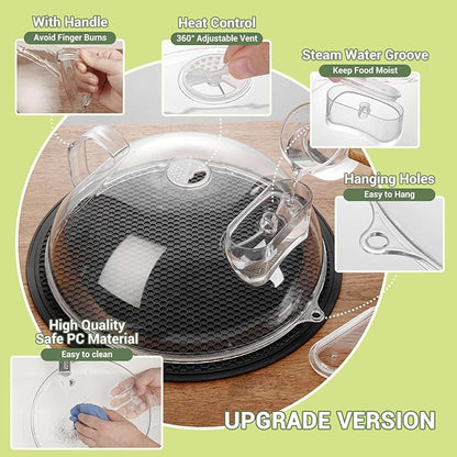 Microwave Splatter Cover for Food, Clear Microwave Lid with Water Steamer, Integrated Handle, Splatter Guard, 10” Plate Covers & 12" Mat, BPA-Free, Essential Kitchen Gadgets and Accessories