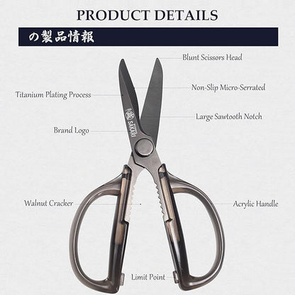 MITSUMOTO SAKARI Japanese Kitchen Scissors, Heavy Duty Detachable Stainless Steel Kitchen Shears with Titanium-Plated Blades, Clear Acrylic Handles for Meat, Fish, Nuts & Vegetables - Image 5