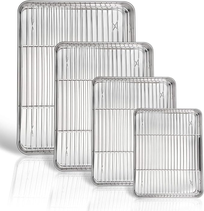 P&P CHEF 16 + 12.5 + 10.4 + 9 Inch Baking Sheet and Rack Set, 8Pcs Stainless Steel Cookie Sheets Oven Baking Pans Trays with Cooling Racks for Cooking, Oven & Dishwasher Safe, Pans with Wire Racks by PPCHEF