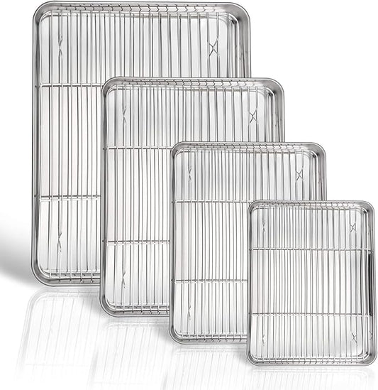 P&P CHEF 16 + 12.5 + 10.4 + 9 Inch Baking Sheet and Rack Set, 8Pcs Stainless Steel Cookie Sheets Oven Baking Pans Trays with Cooling Racks for Cooking, Oven & Dishwasher Safe, Pans with Wire Racks by PPCHEF