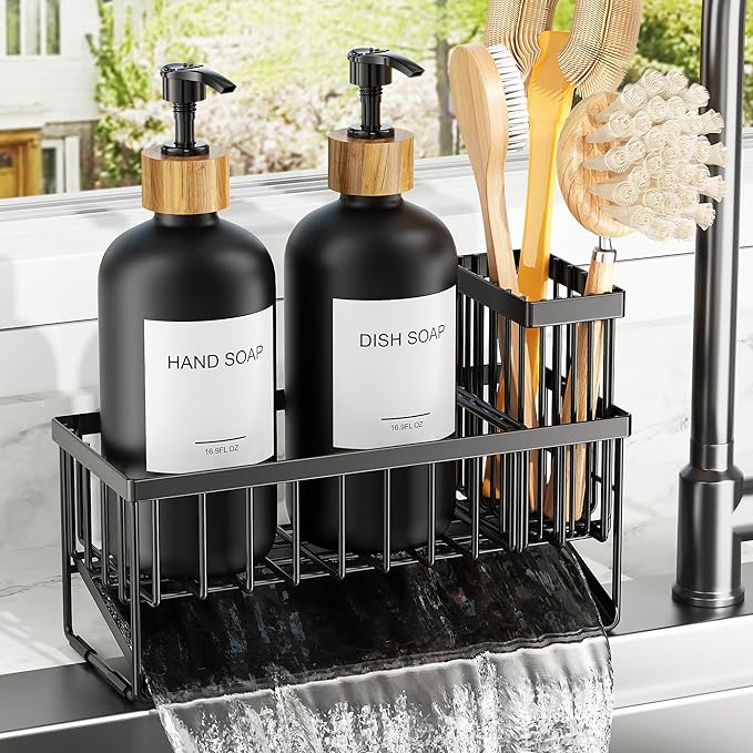 Cisily Kitchen Dish Soap Dispenser Set with 2 Pack 16.9oz Black Glass Bottle and Sponge Holder, Dish Soap Dispensers with Adjustable Sponge Holder, Vintage Hand and Dish Soap Dispensers Set by CISILYHOMELIFE