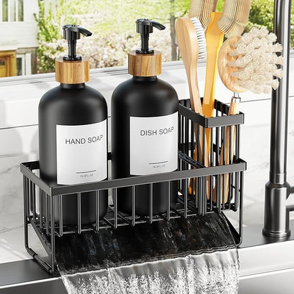 Cisily Kitchen Dish Soap Dispenser Set with 2 Pack 16.9oz Black Glass Bottle and Sponge Holder, Dish Soap Dispensers with Adjustable Sponge Holder, Vintage Hand and Dish Soap Dispensers Set by CISILYHOMELIFE