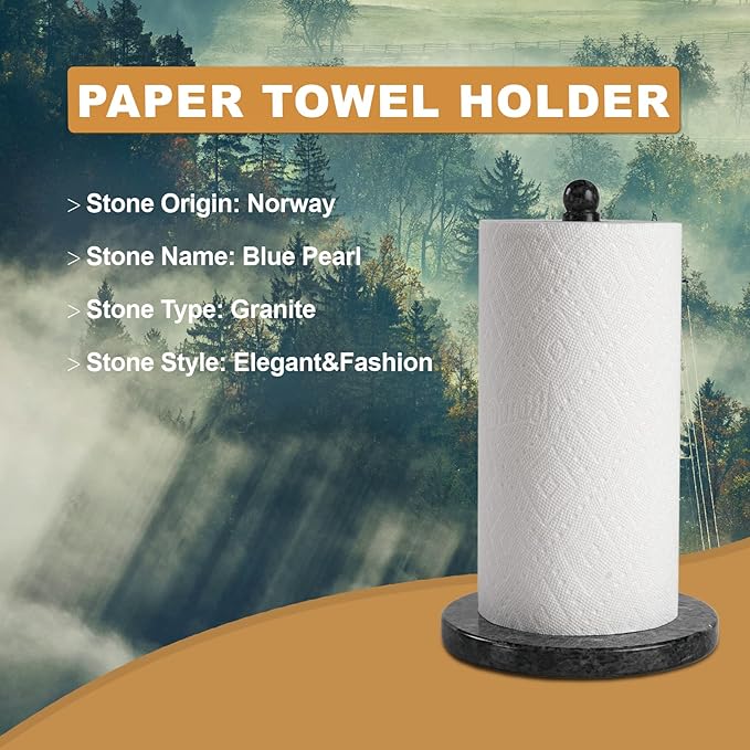 Koville Norwegian Natural Granite Paper Towel Holder Countertop, Genuine Stone Paper Towel Holder Stand for Kitchen Organization/Storage, Fit for Standard or Jumbo-Sized Rolls(Blue Pearl) - Image 2