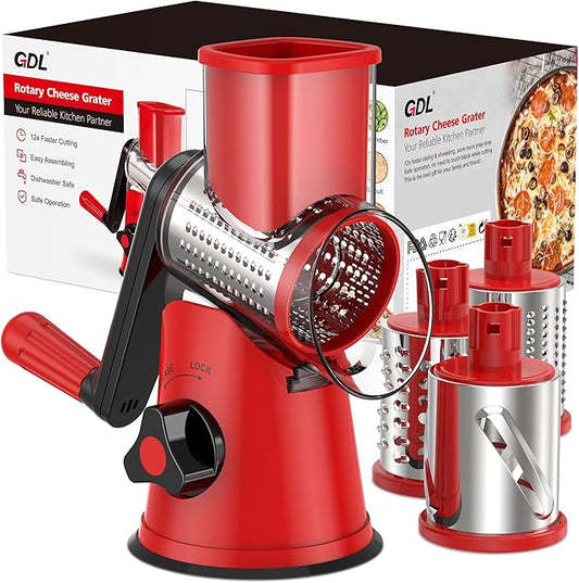 Cheese Grater Rotary, Rotary Grater for Kitchen, Kitchen Grater Vegetable Slicer with 3 Drum Blades, Fast Cutting Cheese Shredder for Vegetables and Nuts by GDL