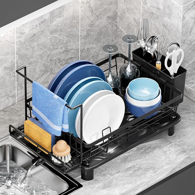Dish Drying Rack, Stainless Steel-Dish Rack, Dish Racks for Kitchen Counter, Kitchen Dish Drainers with Removable Utensil Holder,New drain outlet,Plate Rack and Drainboard,(Black2 with Sponge Rack ) by GAOKASE