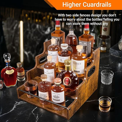 YQBRAO 2 Pack 4-Tier Liquor Bottle Display Shelf, 16-Inch Wooden Bar Shelves for Liquor Bottles, Countertop Whiskey Shelf and Bourbon Shelf Organizer for Home Bar, Kitchen (Rustic Brown)