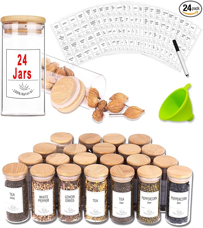Churboro 24 Glass Spice Jars with Bamboo Airtight Lids, 400 Spice Labels, Funnel and Chalk Marker Set Spice Containers, 4 OZ Glass Storage Jars.