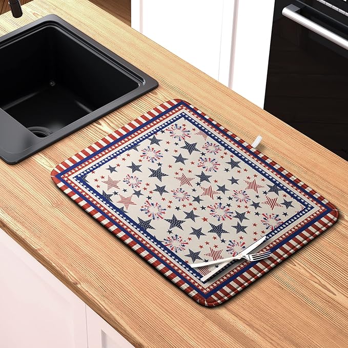 Happy 4th of July Patriotic Dish Drying Mat 16 x 18 Inch US Independence Day Vintage Star Kitchen Drying Mat Blue White Red Dish Drainer Mats Super Absorbent Dish Rack Pad for Coffee Bar Sinks - Image 6