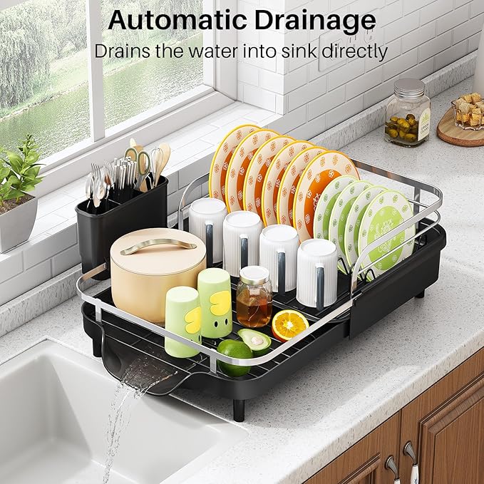 SAYZH Dish Drying Rack - Expandable Dish Rack for Kitchen Counter, Rust-Resistant Dish Drainer with Utensil Holder and Raised Guardrail, Kitchen Organizer for Cup and Bottle (Black) - Image 3