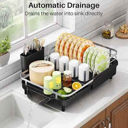 SAYZH Dish Drying Rack - Expandable Dish Rack for Kitchen Counter, Rust-Resistant Dish Drainer with Utensil Holder and Raised Guardrail, Kitchen Organizer for Cup and Bottle (Black) - Image 3