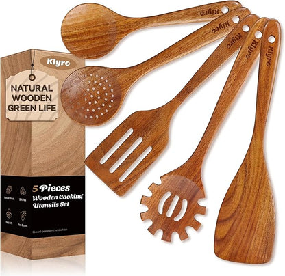 Teak Kitchen Utensils Set, 5 Piece Premium Wooden Cooking Utensils Set, Non-Stick Heat-Resistant Wooden Spoons for Cooking, New Apartment Essentials by KLYRO