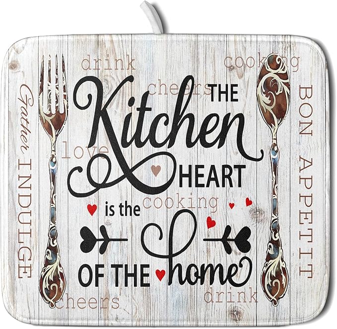 Giwawa 16"x18" Dish Drying Mat The Kitchen is The Heart of The Home- Knife Fork Cutlery Dish Drainer Mats- Rustic Wood Board Reversible Microfiber Dish Drying Pad for Kitchen Countertop Decor