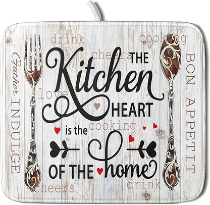 Giwawa 16"x18" Dish Drying Mat The Kitchen is The Heart of The Home- Knife Fork Cutlery Dish Drainer Mats- Rustic Wood Board Reversible Microfiber Dish Drying Pad for Kitchen Countertop Decor