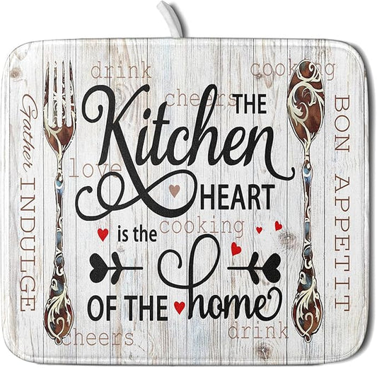 Giwawa 16"x18" Dish Drying Mat The Kitchen is The Heart of The Home- Knife Fork Cutlery Dish Drainer Mats- Rustic Wood Board Reversible Microfiber Dish Drying Pad for Kitchen Countertop Decor