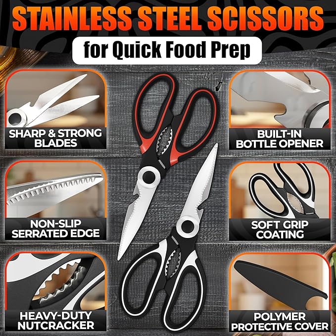 2 Pcs Heavy Duty Kitchen Scissors for Food – 5-in-1 Stainless Steel Kitchen Shears with Bottle Opener, Non-Slip Handles & Protective Cover – Utility Scissors for Cutting Meat, Poultry & Vegetables - Image 3