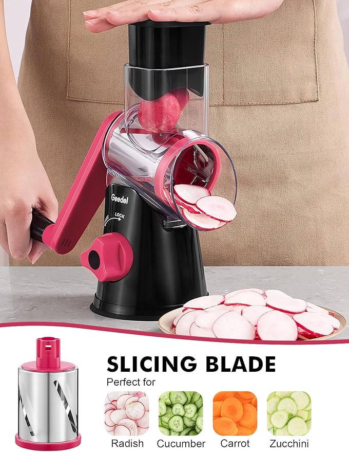Geedel Rotary Cheese Grater, Kitchen Mandoline Vegetable Slicer with 3 Interchangeable Blades, Easy to Clean Rotary Grater Slicer for Fruit, Vegetables, Nuts - Image 3