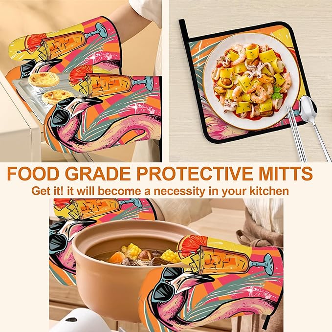 Cool Flamingo Oven Mitts and Heat Resistant Pads - Heat Resistant Gloves Potholder Set of 4 for Cooking, BBQ, Gifts for Women