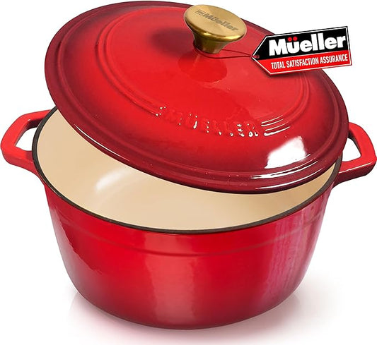 MUELLER HOME 7.5 QT Enameled Cast Iron Dutch Oven, Heavy-Duty Casserole Dish and Braiser Pan with Lid and Stainless Knob, Oven-Safe up to 500° F & Across All Cooktops, Red by MUELLERHOME