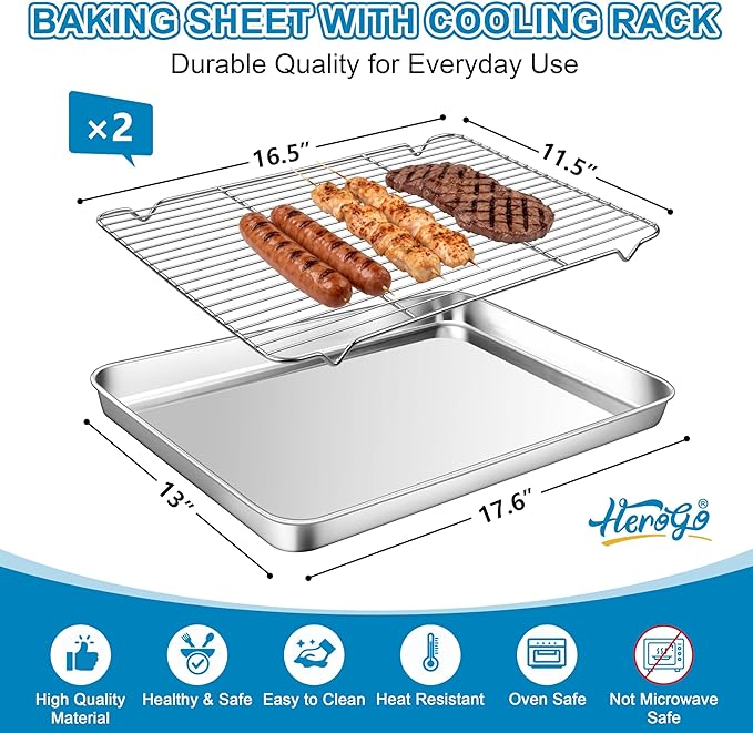 Herogo Stainless Steel Baking Pan Sheet with Wire Rack Set(2 Pans + 2 Racks), 18" x 13" x 1" Cookie Half Sheet Pan Bakeware Set for Oven, Non Toxic & Heavy Duty & Easy Clean-Extra Large