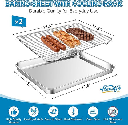Herogo Stainless Steel Baking Pan Sheet with Wire Rack Set(2 Pans + 2 Racks), 18" x 13" x 1" Cookie Half Sheet Pan Bakeware Set for Oven, Non Toxic & Heavy Duty & Easy Clean-Extra Large
