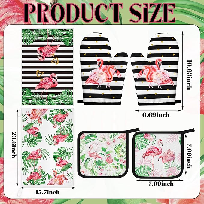 Bencailor 6 Pcs Flamingo Kitchen Towels Oven Mitts and Pot Holders Set Decorative Dish Towels Tea Washcloth Non Slip Heat Resistant Oven Gloves for Summer Home Cooking Baking, Pink - Image 3