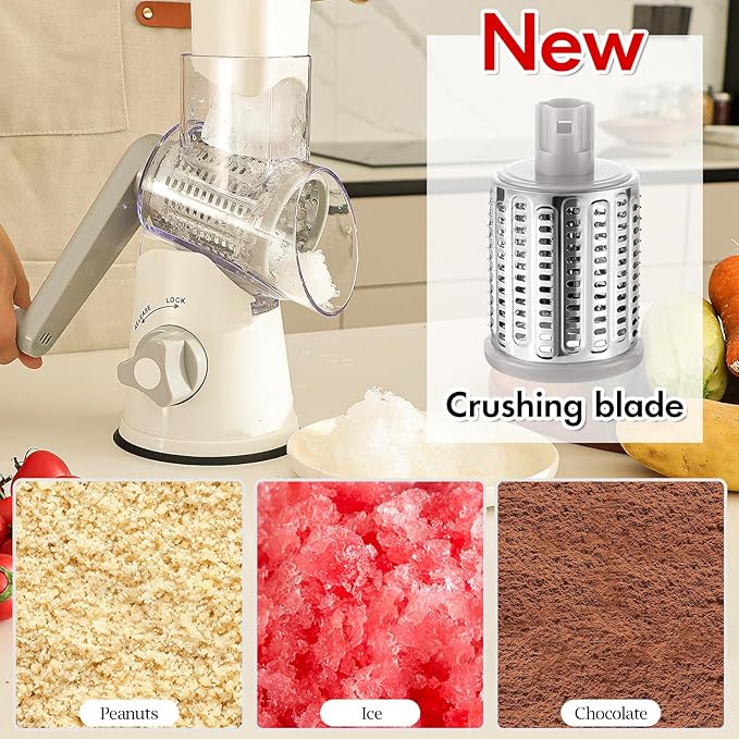 Ourokhome Rotary Cheese Grater Hand Crank, Kitchen Shredder Speed Mandolin Slicer Ice Shaver with Handle and Drum Blades for Cheese, Vegetable, Nuts, Chocolate, Potato, Carrot, 5 Blades, White - Image 3