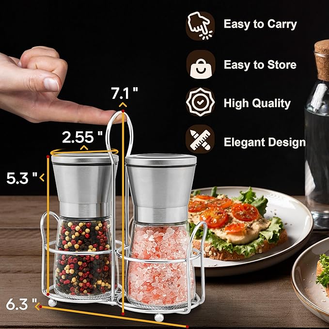 Stainless Steel Salt and Pepper Grinder Set - Short Glass Shaker, Pepper Mill & Salt Mill with Adjustable Coarseness, Refillable for Himalayan or Sea Salt, Black Peppercorn, with Bonus Stand - Image 4