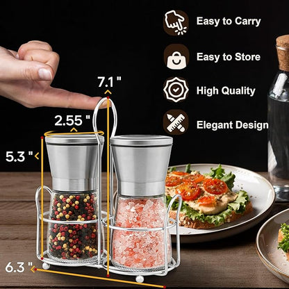 Stainless Steel Salt and Pepper Grinder Set - Short Glass Shaker, Pepper Mill & Salt Mill with Adjustable Coarseness, Refillable for Himalayan or Sea Salt, Black Peppercorn, with Bonus Stand - Image 4