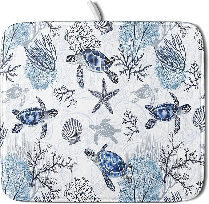 Giwawa 16"x18" Coastal Sea Turtles Dish Drying Mat Nautical Ocean Tortoise Coral Starfish Dish Drainer Mats for Kitchen Microfiber Reversible Dish Drying Rack Pad for Countertop Tabletop Decor