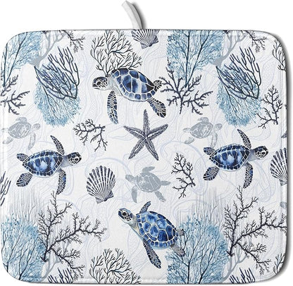 Giwawa 16"x18" Coastal Sea Turtles Dish Drying Mat Nautical Ocean Tortoise Coral Starfish Dish Drainer Mats for Kitchen Microfiber Reversible Dish Drying Rack Pad for Countertop Tabletop Decor
