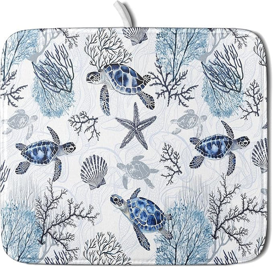 Giwawa 16"x18" Coastal Sea Turtles Dish Drying Mat Nautical Ocean Tortoise Coral Starfish Dish Drainer Mats for Kitchen Microfiber Reversible Dish Drying Rack Pad for Countertop Tabletop Decor