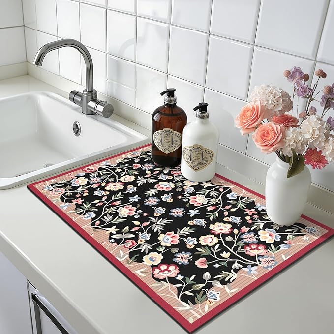 LOKHOM Floral Dish Drying Mat, 12"x20" Super Absorbent Non-slip Bordered Coffee Mat with Oil Painting Black Floral, Cuttable Hide Stain Drying Mat for Kitchen Counter Coffee Maker Espresso Machine - Image 9