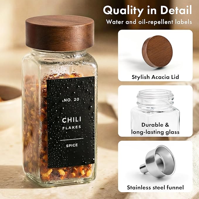EDELHAUS® Square Spice Jars with Acacia Wooden Lid (Pack of 24) Spice Jars with Shaker Insert and 240 Labels - Acacia Lids Glass Container for Spice Organisation [4.3 in × 1.8 in] - Image 9